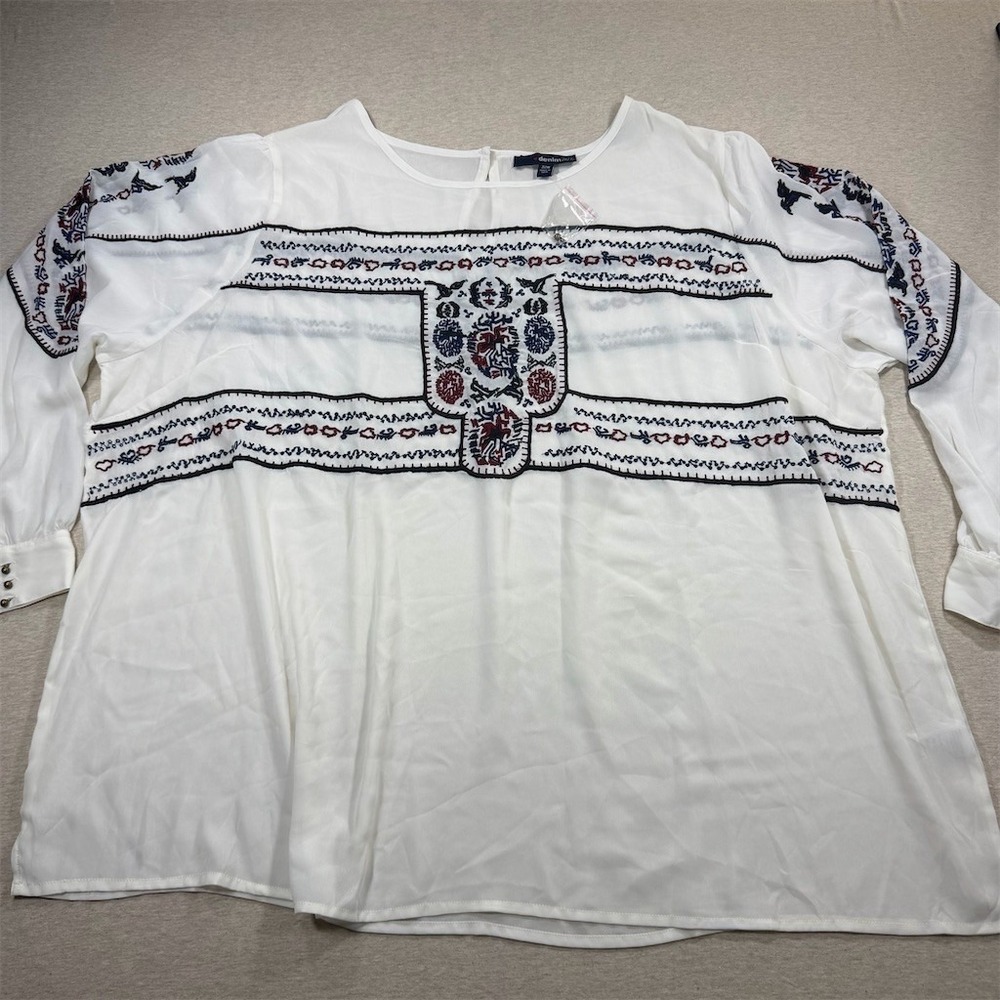 Denim‎ 24/7 Blouse Womens Plus Size 32 White Boho Peasant Tunic Embroidered